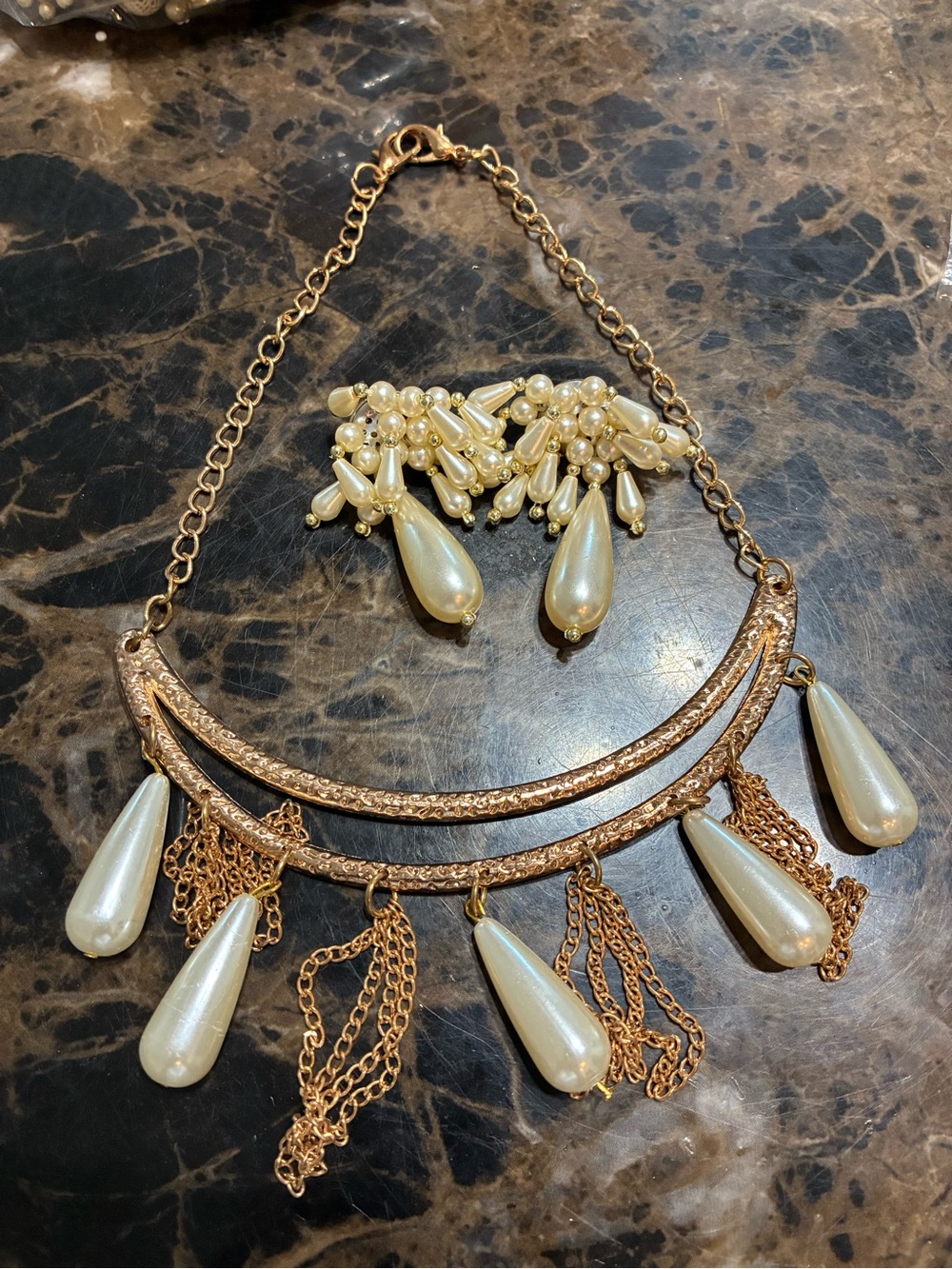 Gold-Tone Pearl Teardrop Necklace and Earring Set